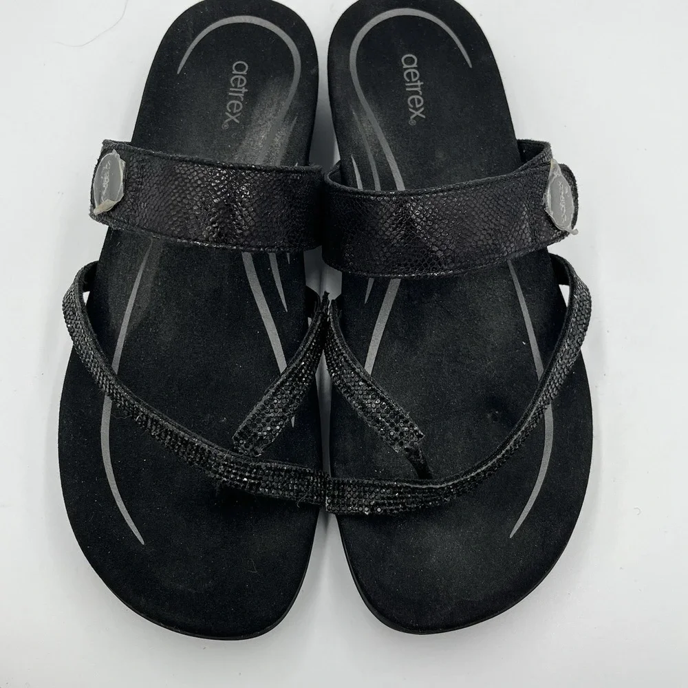 Aetrex Izzy Sparkle Sandals Women's  10 Black Rhinestone Orthotic Comfort Summer